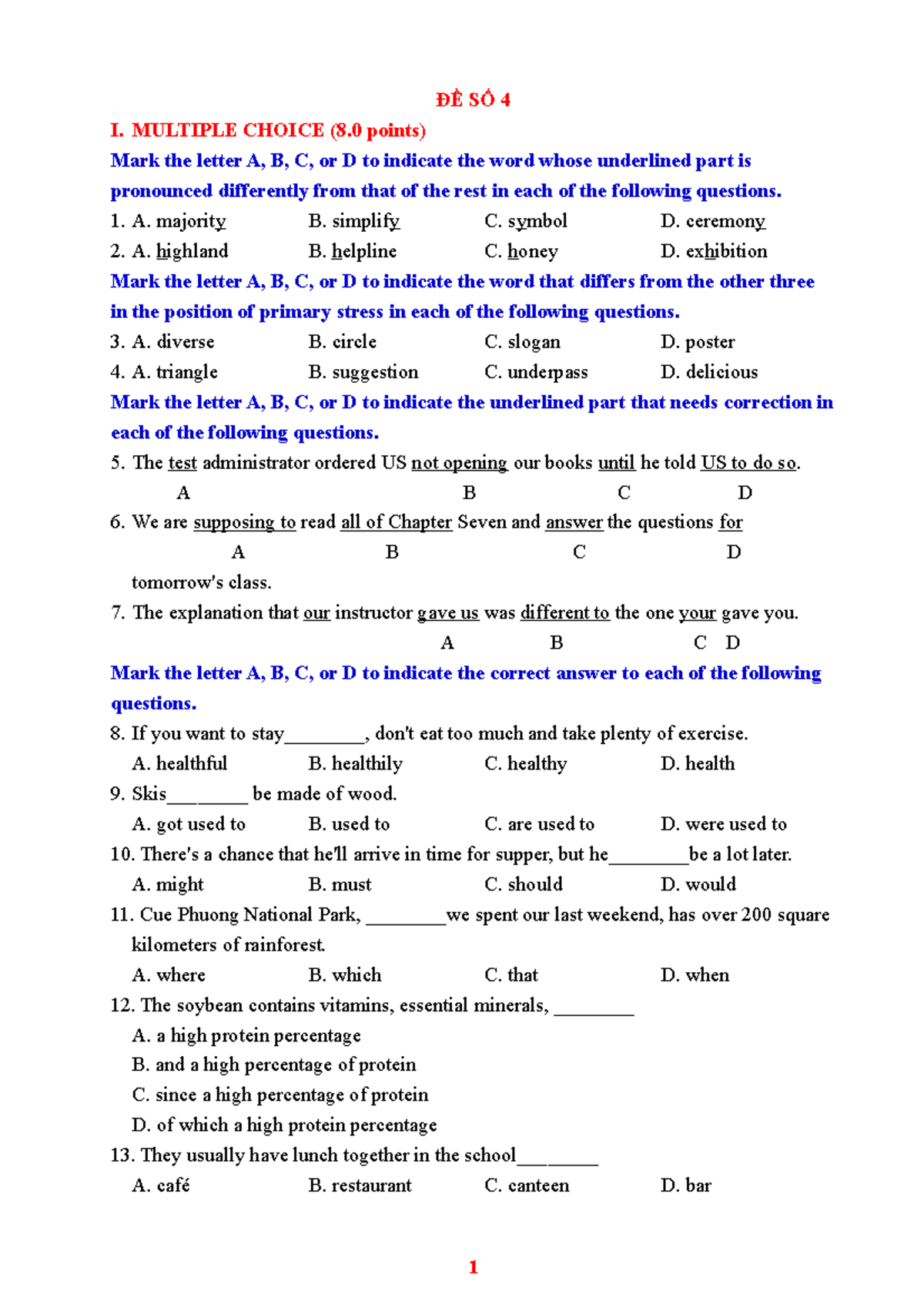 Test 4 - Abc - ĐỀ SỐ 4 I. MULTIPLE CHOICE (8 Points) Mark The Letter A ...