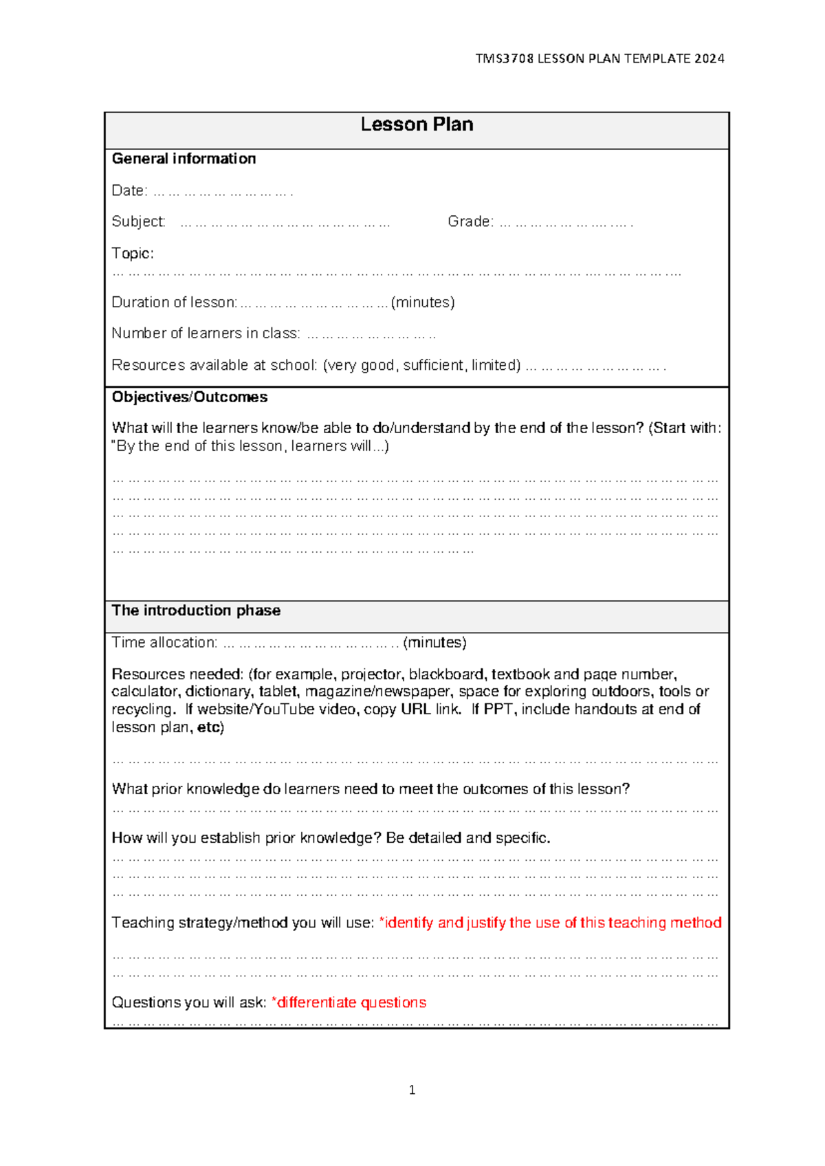 TMS3708 Lesson plan template 2024 - Lesson Plan General information ...