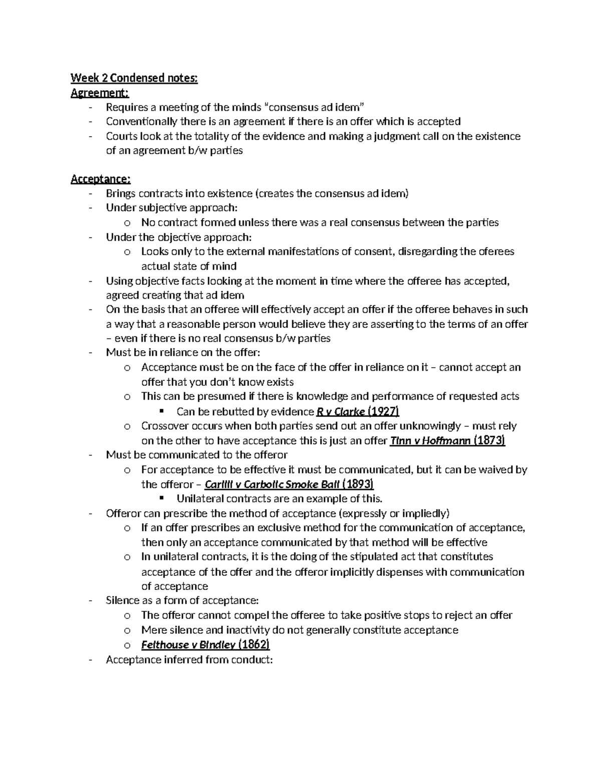 Week 2 Condensed notes - Week 2 Condensed notes: Agreement: - Requires ...