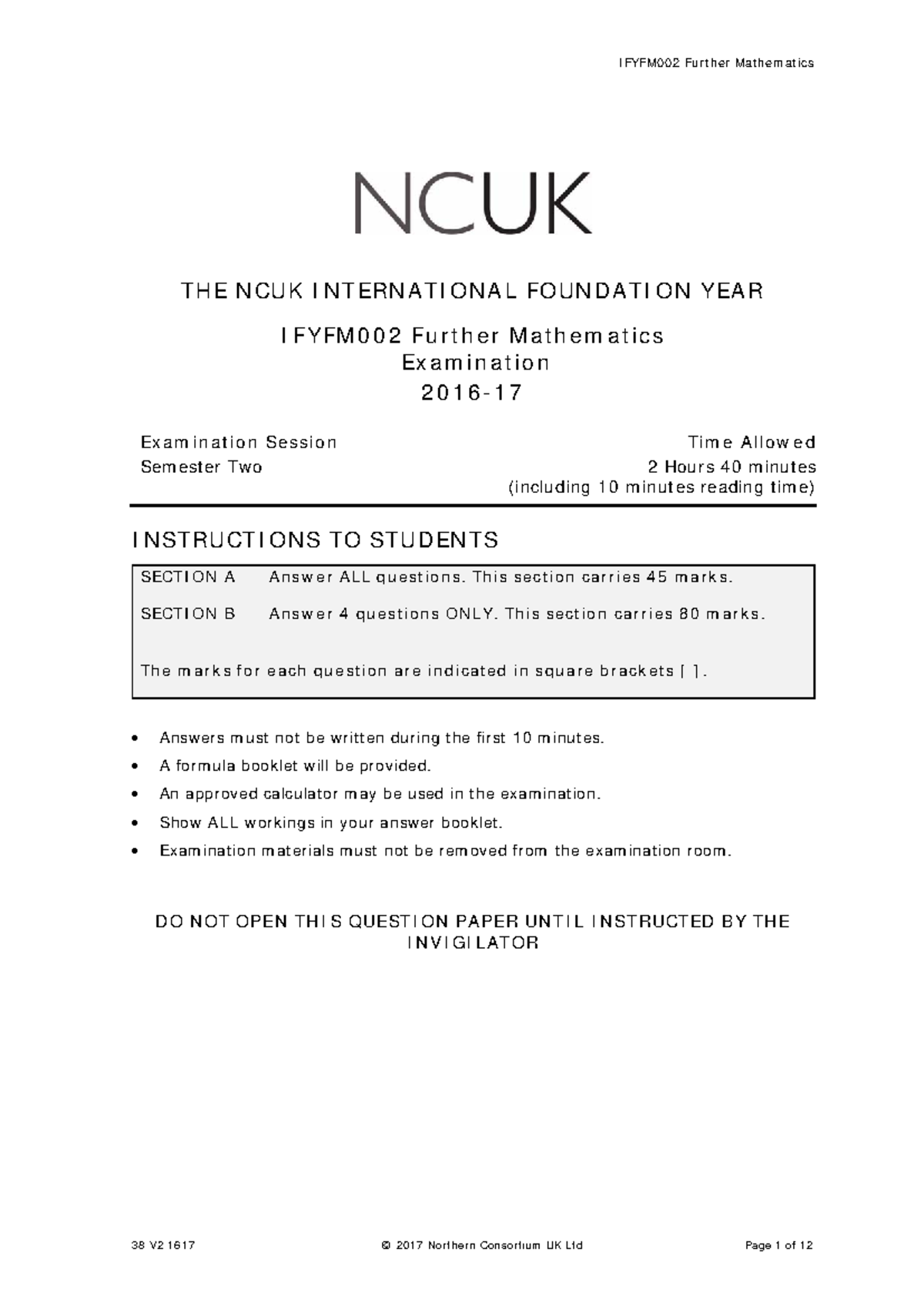 Further Maths Exam V2 1617 - THE NCUK INTERNATIONAL FOUNDATION YEAR ...