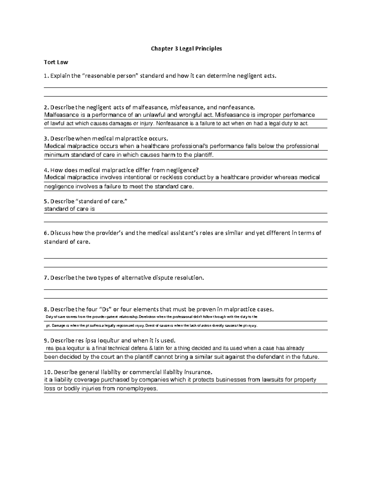 Week 2 Assignment Worksheet - Chapter 3 Legal Principles Tort Law ...