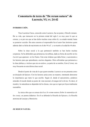 Comentario lucrecio - Comentario de texto de "De rerum natura" de  Lucrecio, VI, vv. 24- - Studocu