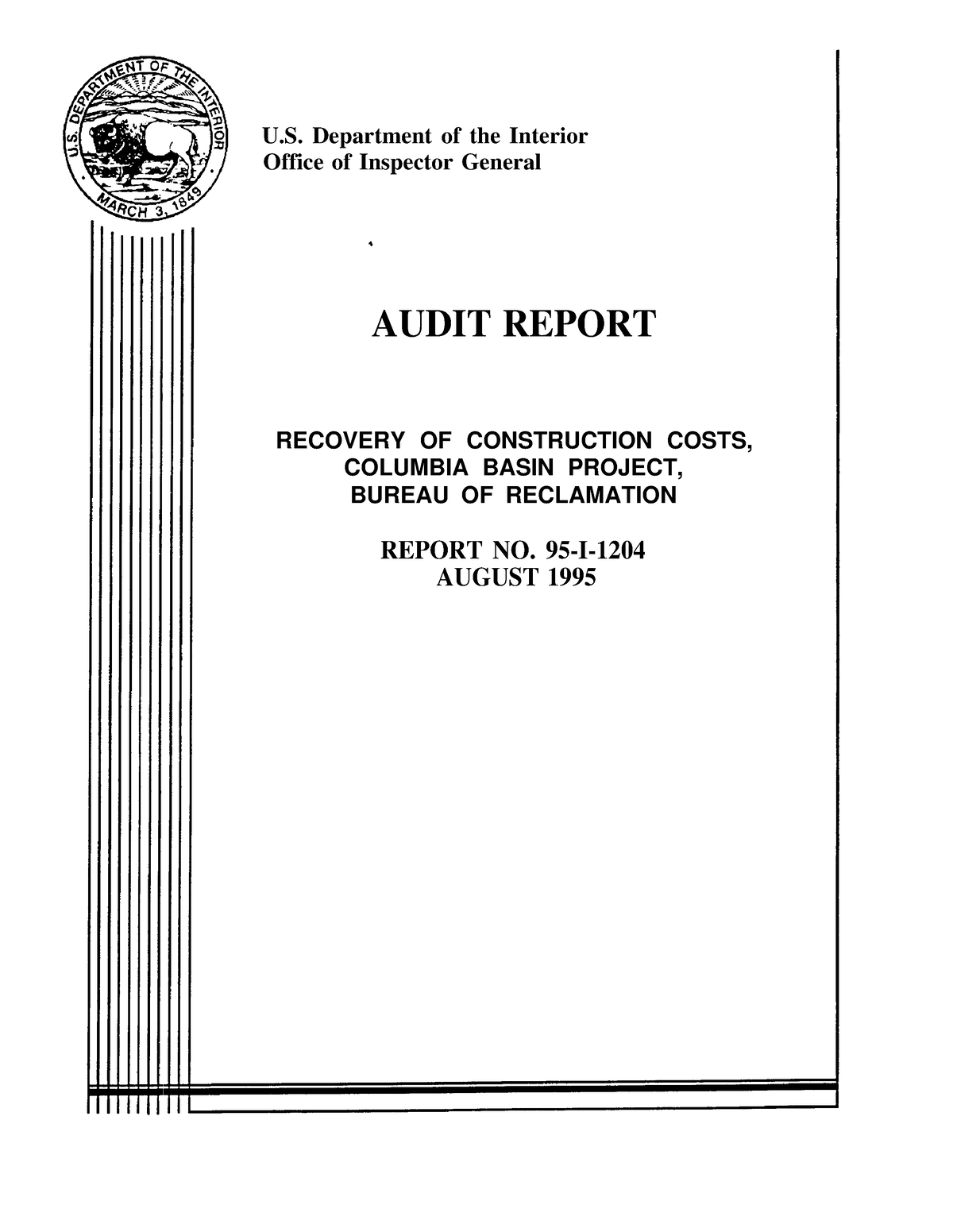 Recovery of Construction Costs, Columbia Basin Project, Bureau of ...