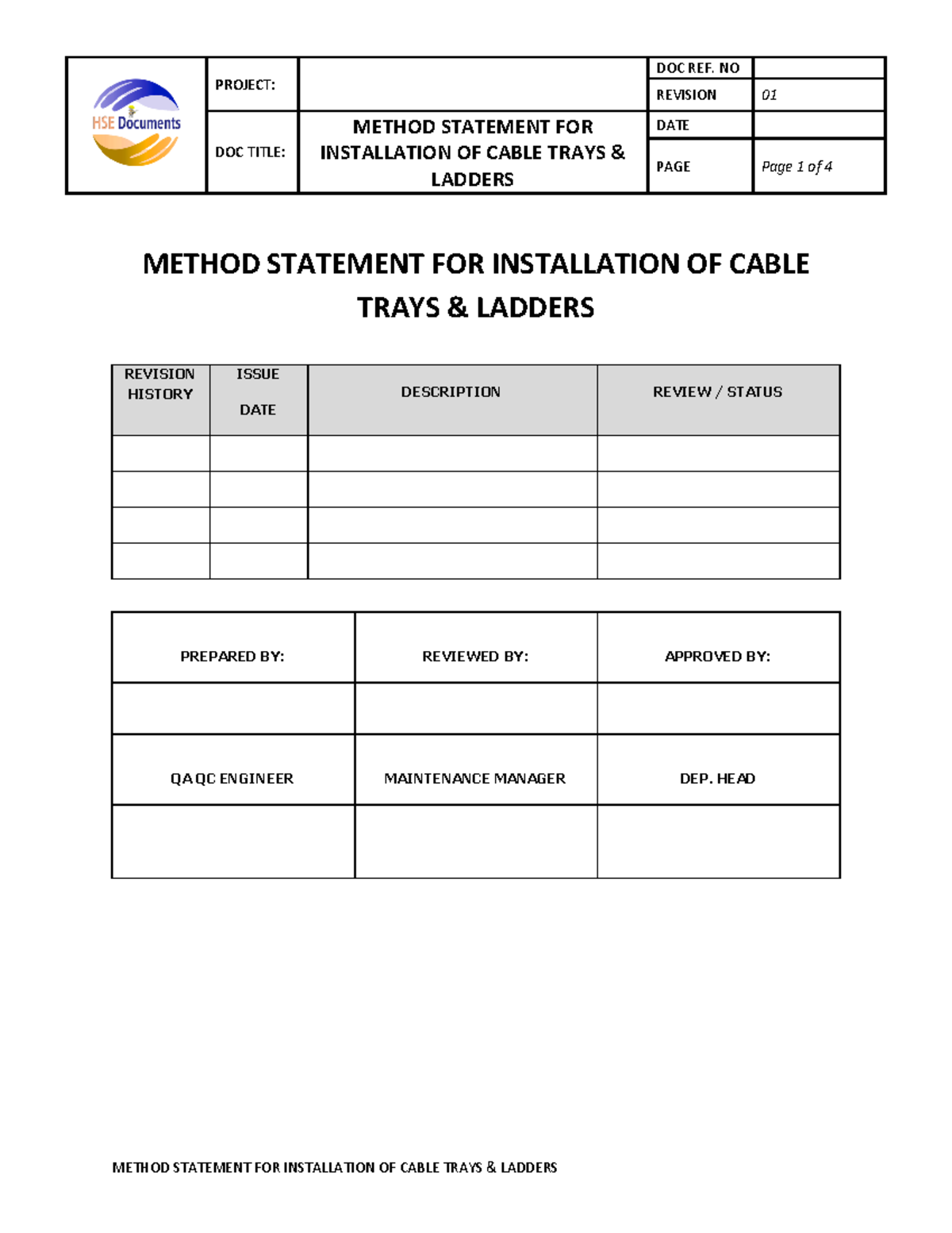 Method Statement FOR Installation OF Cable Trays & Ladders PROJECT