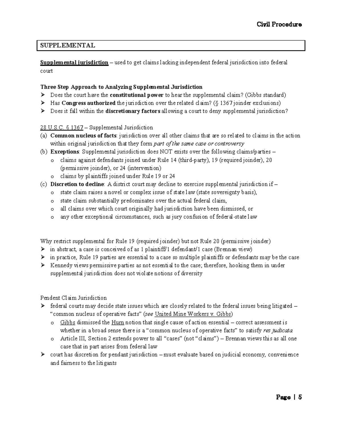 Civil Procedure Outline SPR SUPPLEMENTAL Supplemental jurisdiction
