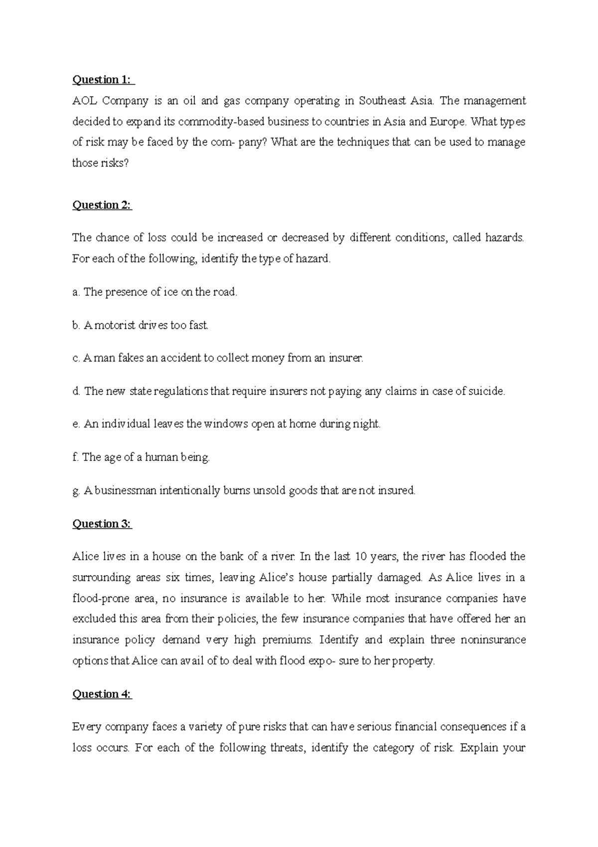 Case studies Week 2 Practice Question 1 AOL Company is an oil and