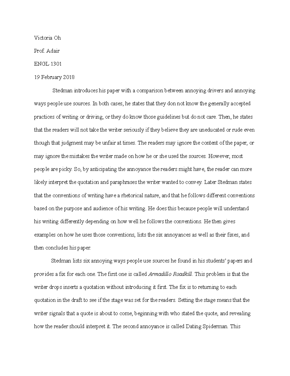 Summary on stedman Victoria Oh Prof. Adair ENGL 1301 19 February 2018