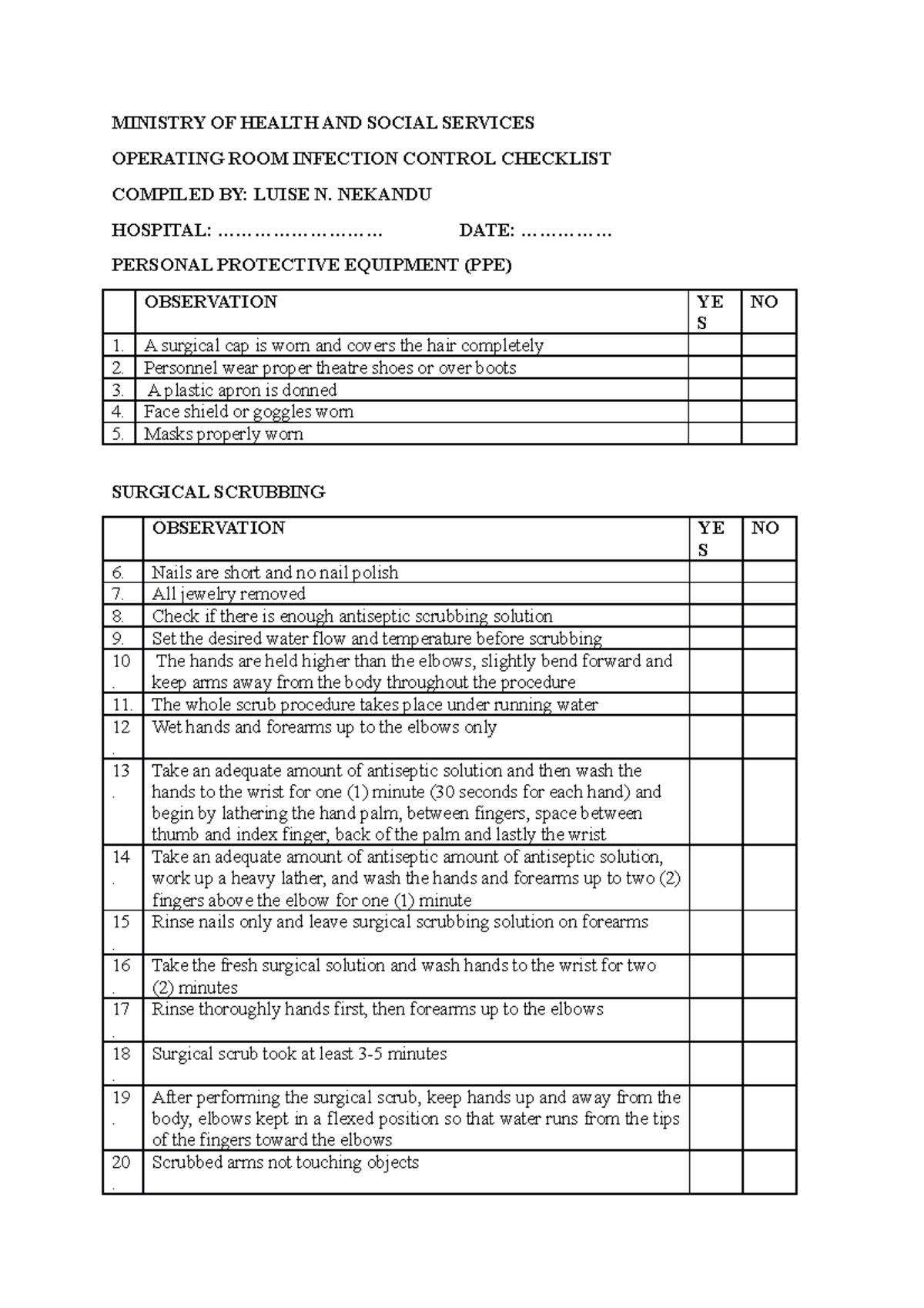 Checklist - MINISTRY OF HEALTH AND SOCIAL SERVICES OPERATING ROOM ...