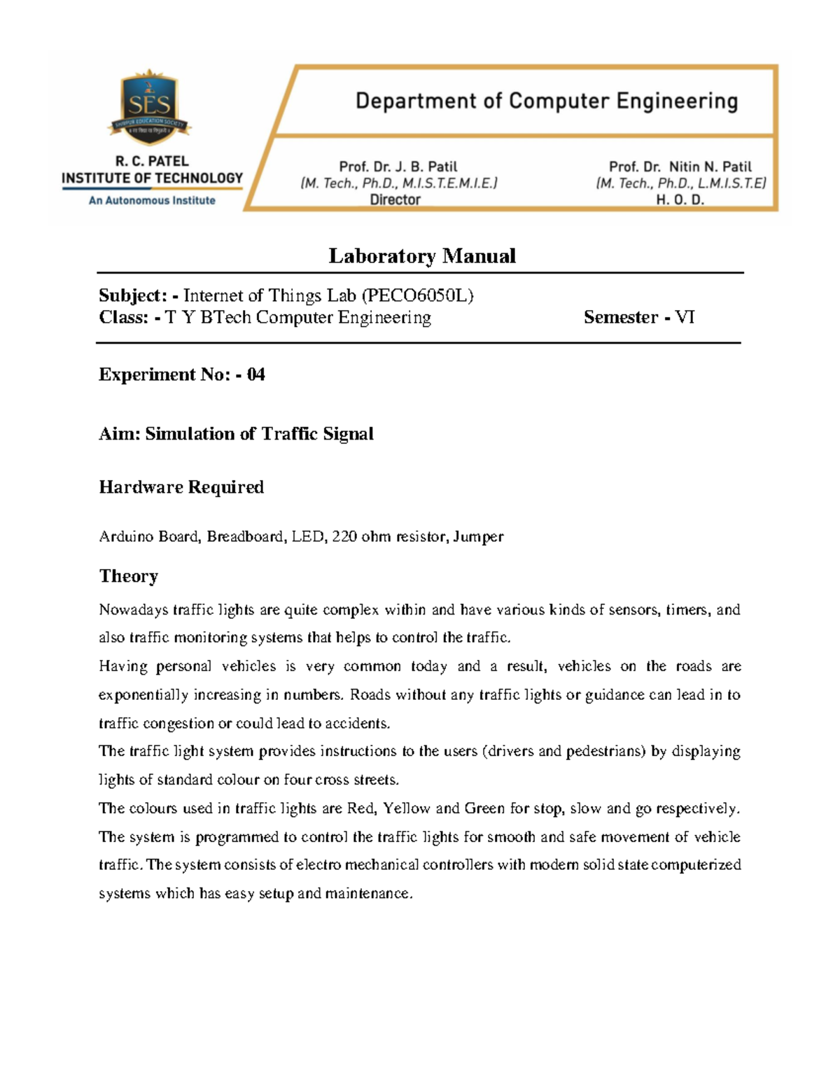 4 Traffic Signal Simulation - Laboratory Manual Subject: - Internet of ...