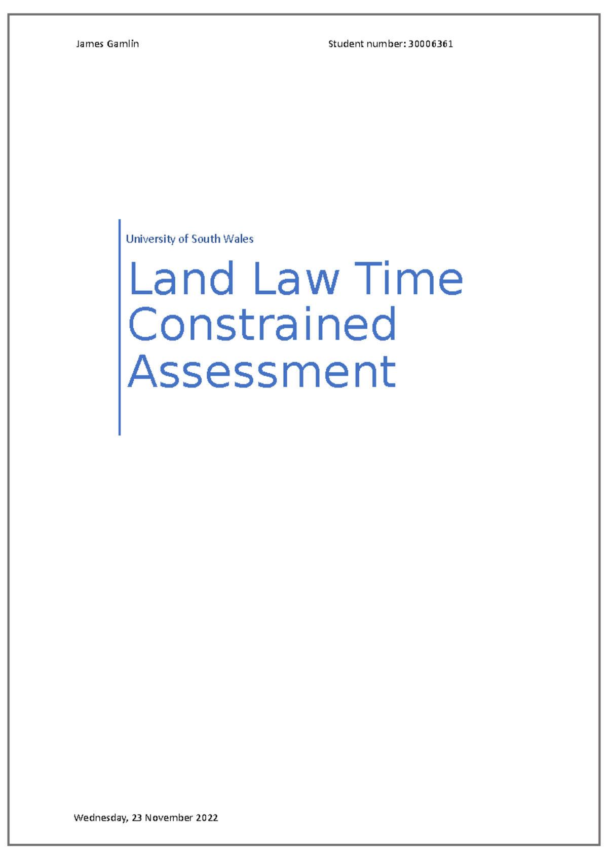 LAND LAW TCA Land Law Assignment James Gamlin Student number