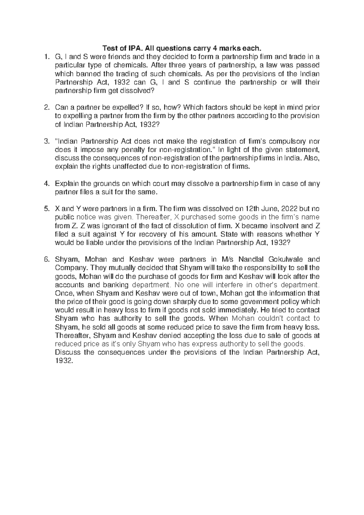 Test of IPA - vjgyfu - Test of IPA. All questions carry 4 marks each. G ...