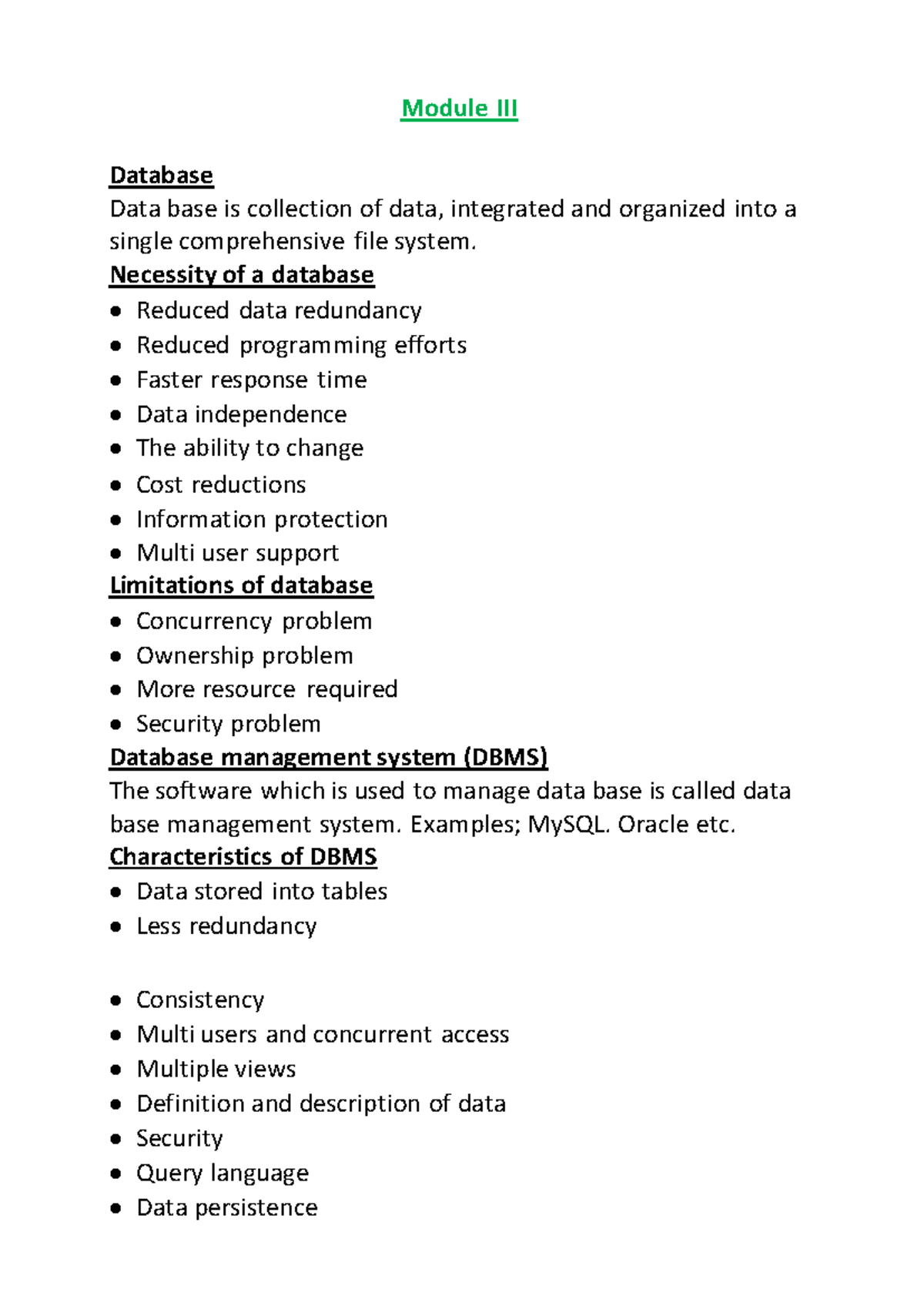 Module 3 BIS - Module III Database Data base is collection of data ...