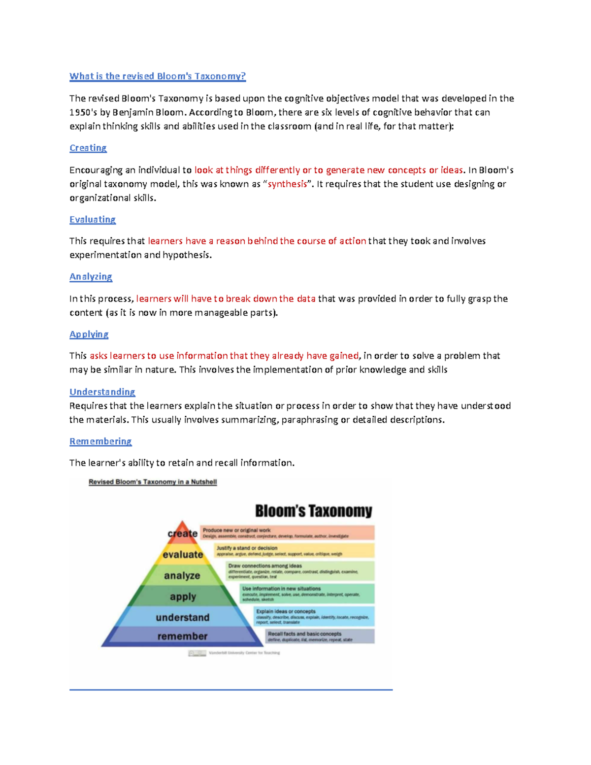 Reviewer FOR TCW orig - What is the revised Bloom's Taxonomy? The ...