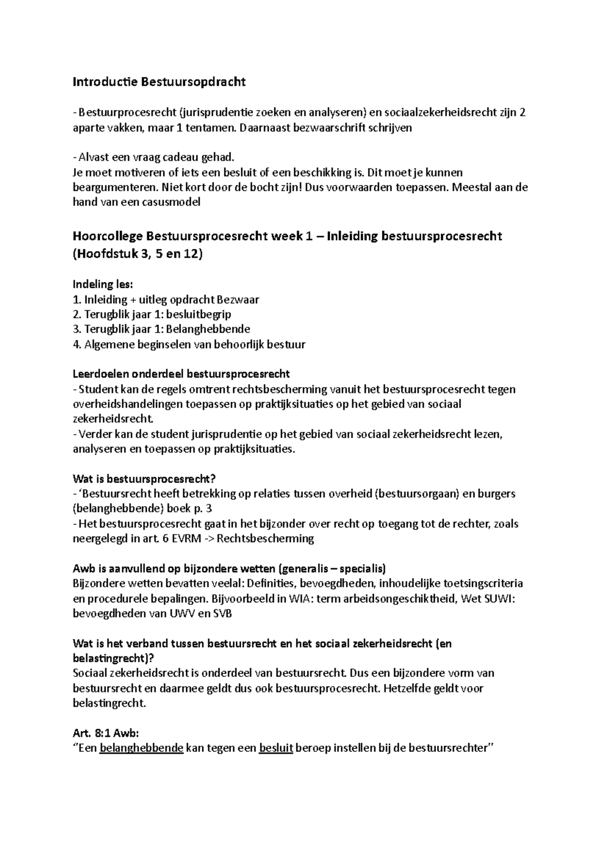 Bestuursprocesrecht - Samenvatting Hoorcolleges - Inholland - Studeersnel