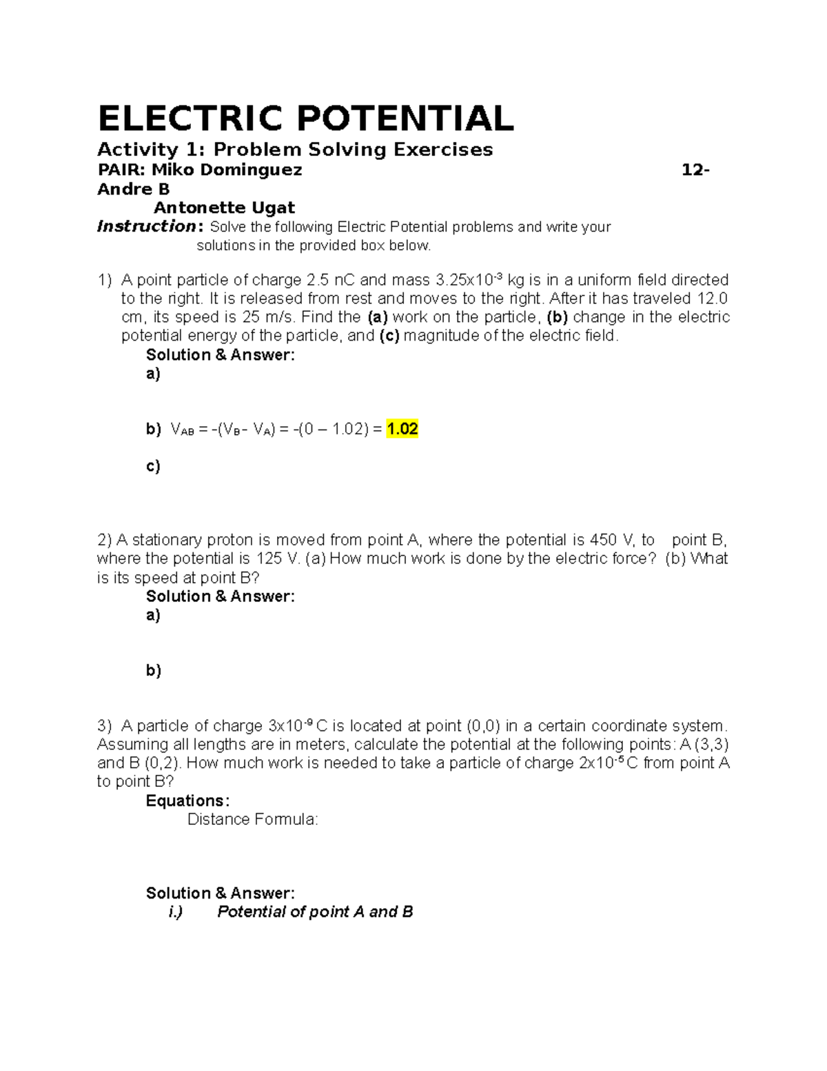 ELEC. Potential - Problem Solving Exercise - ELECTRIC POTENTIAL ...