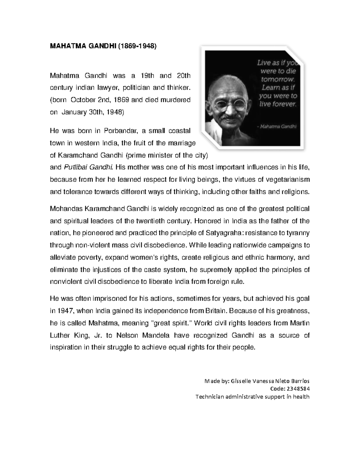 Crónica Mahatma Gandhi - MAHATMA GANDHI (1869-1948) Mahatma Gandhi was ...