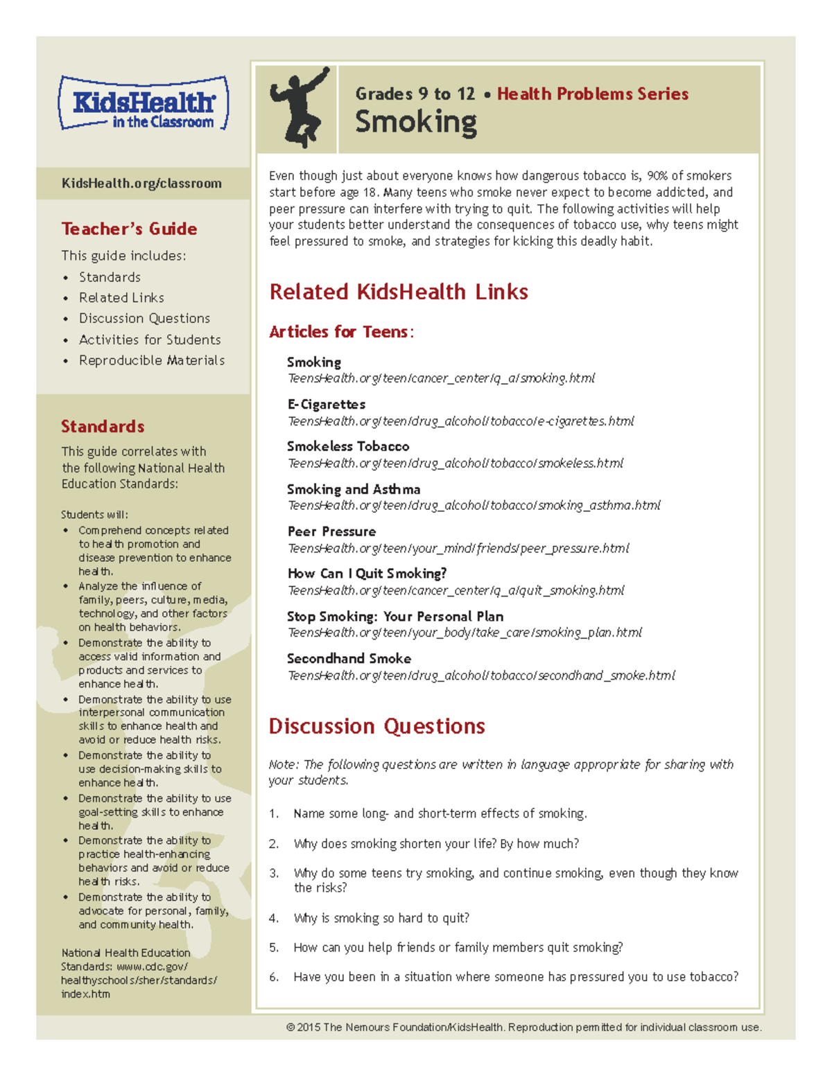 Smoking - lecture note - KidsHealth/classroom Grades 9 to 12 • Health ...
