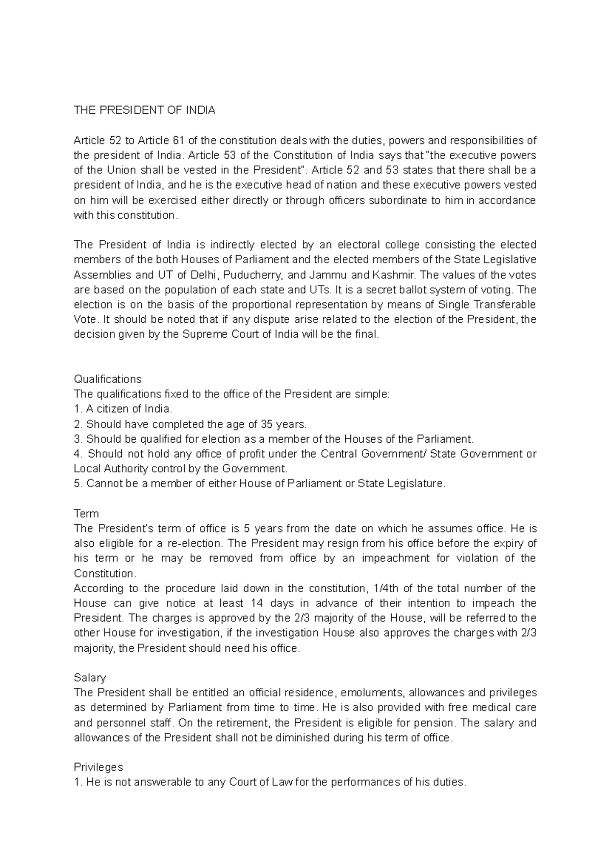 President - THE PRESIDENT OF INDIA Article 52 to Article 61 of the ...