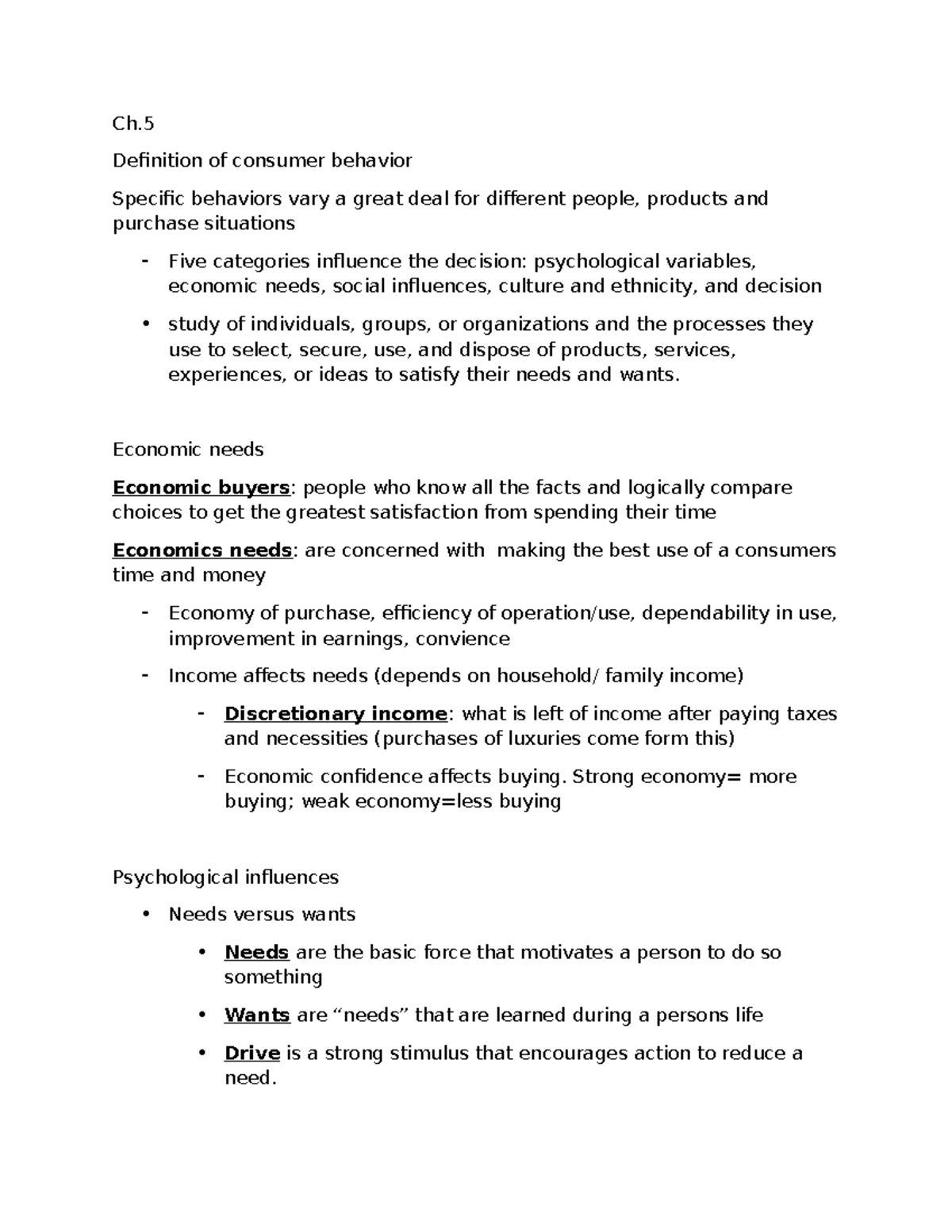 Document 1 - notes - Ch. Definition of consumer behavior Specific ...