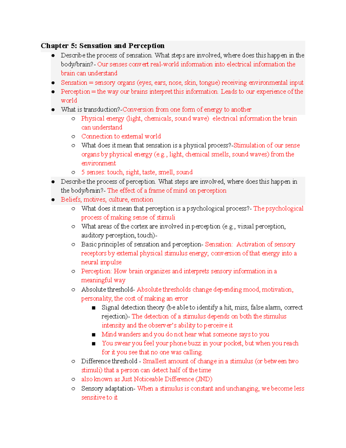 Exam 2 py - dssds - Chapter 5: Sensation and Perception Describe the ...