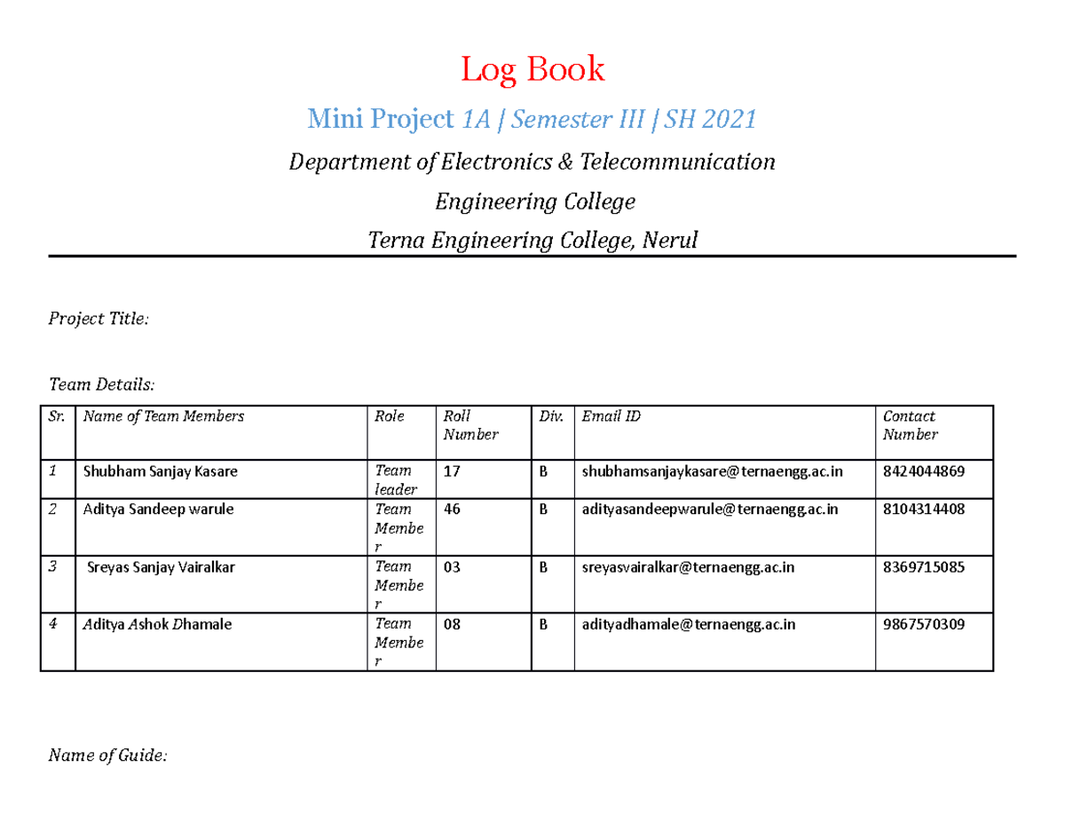 Mini Project Log Book Format Log Book Mini Project 1A Semester III