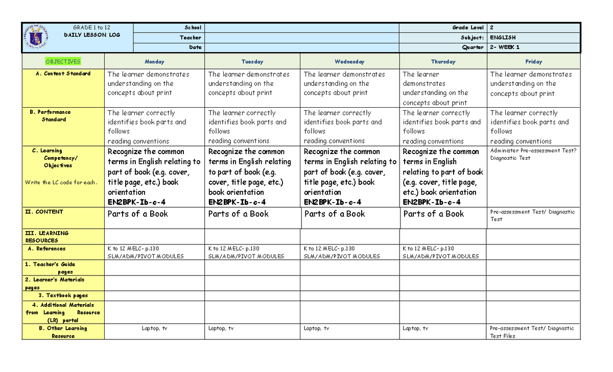 WEEK1-dll- English - anonymous - GRADE 1 to 12 DAILY LESSON LOG School ...