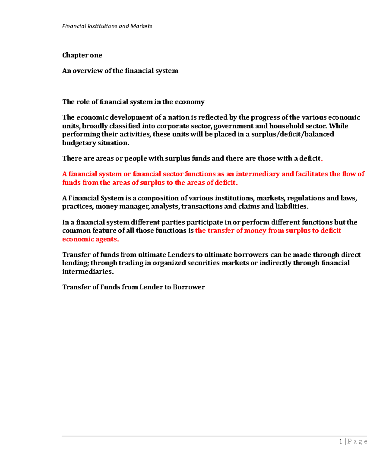 FI ch - useful lecture notes - Chapter one An overview of the financial ...