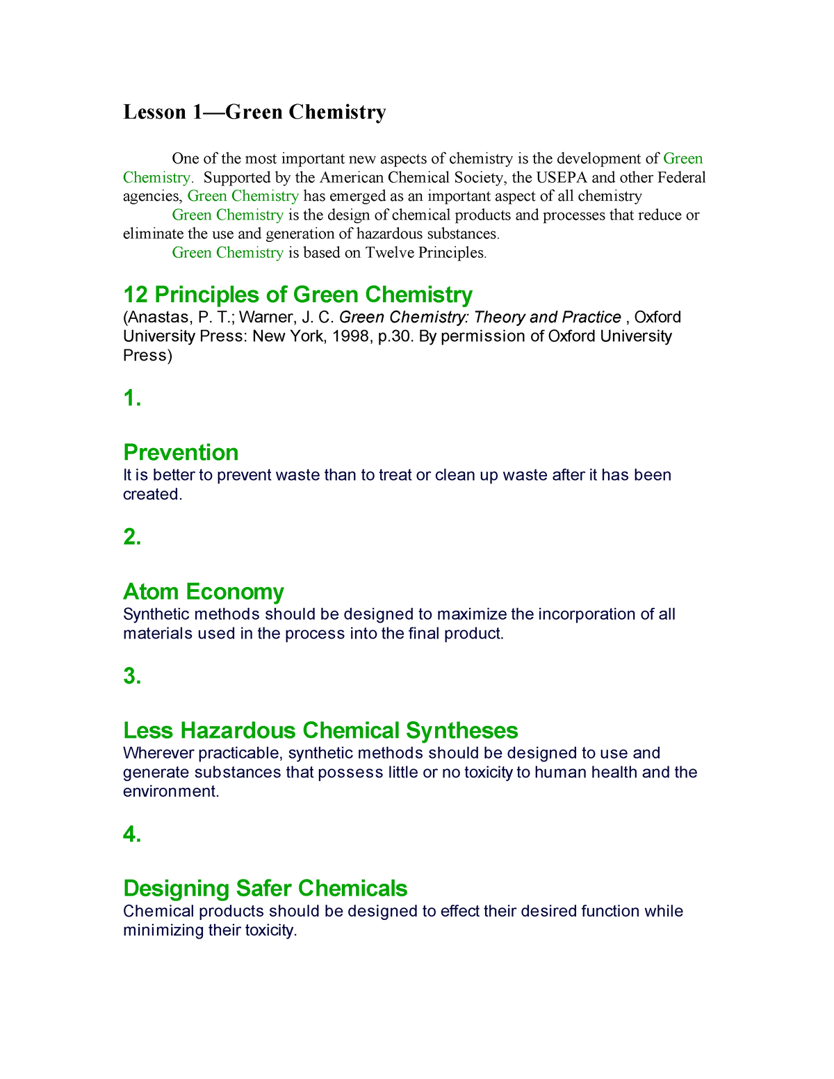 overview of green chemistry assignment pdf