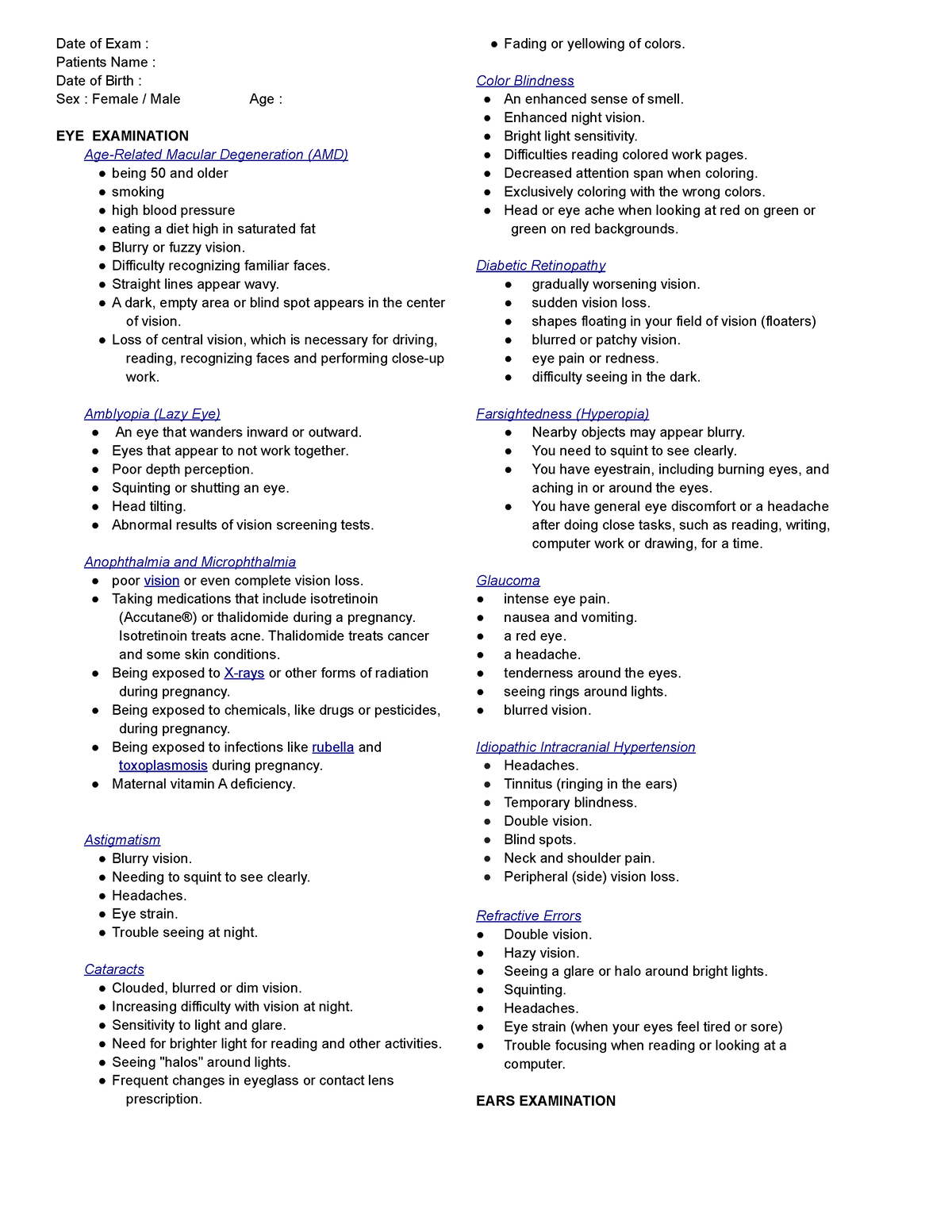 Exam - literature - Date of Exam : Patients Name : Date of Birth : Sex ...