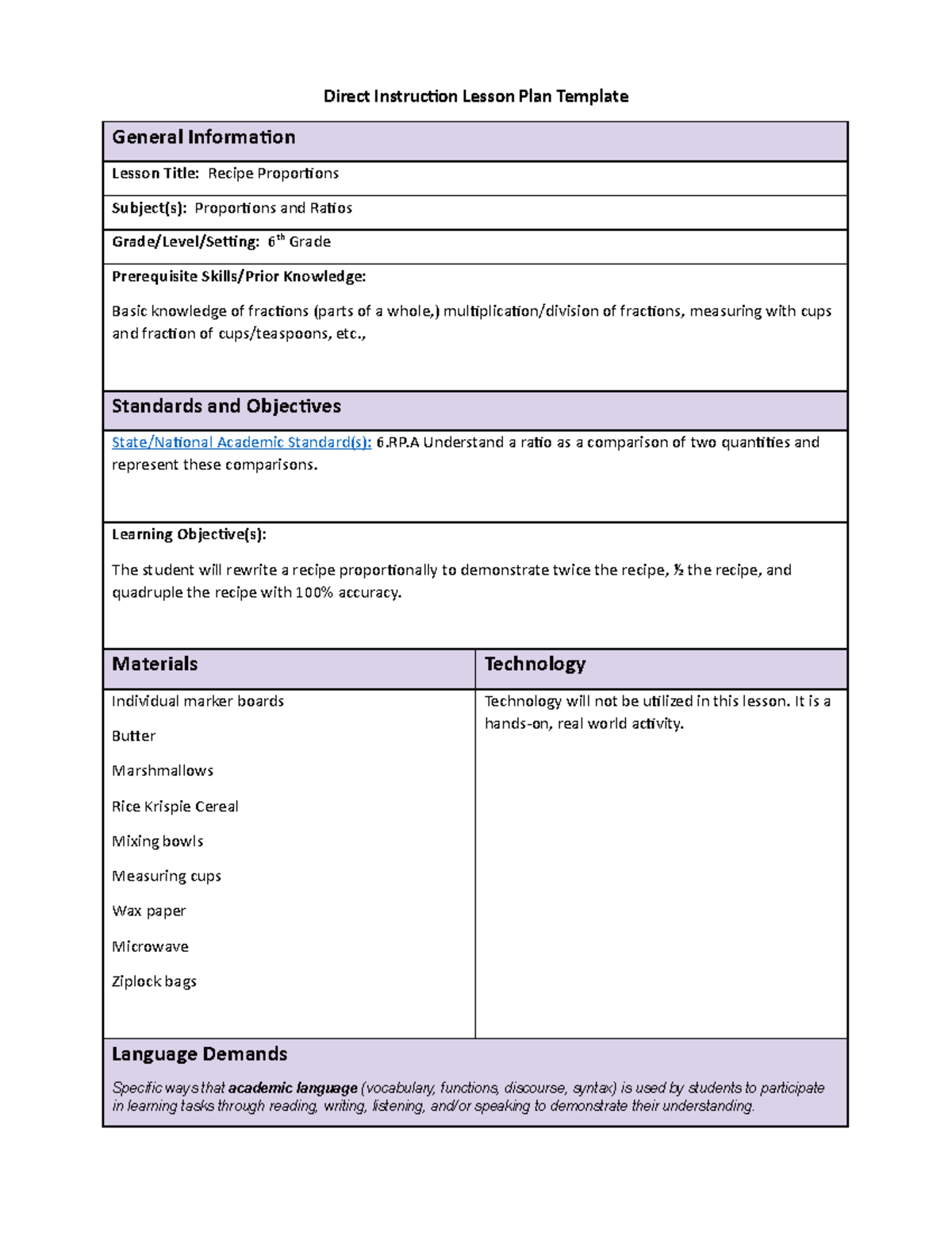 Graphing Proportional Reasoning Task 2 lesson Plan - Direct Instruction ...