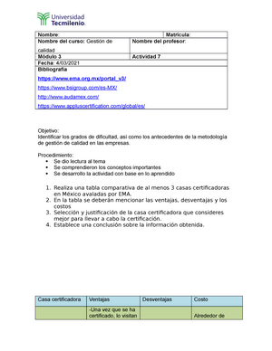 Actividad 7 gestiom - Nombre : Matrícula : Nombre del curso: Gestión de  calidad Nombre del profesor - Studocu