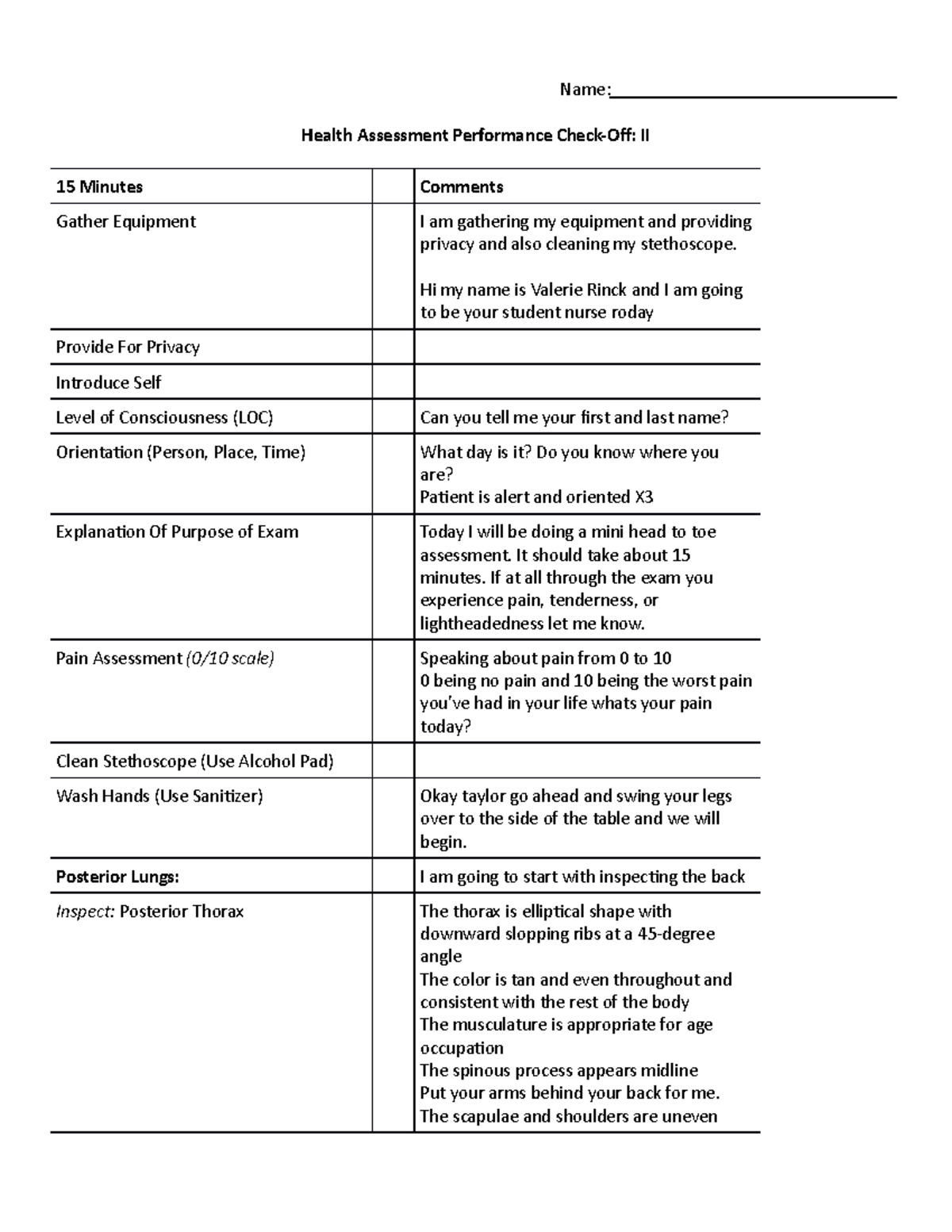 Check OFF II - Name: Health Assessment Performance Check-Off: II 15 ...