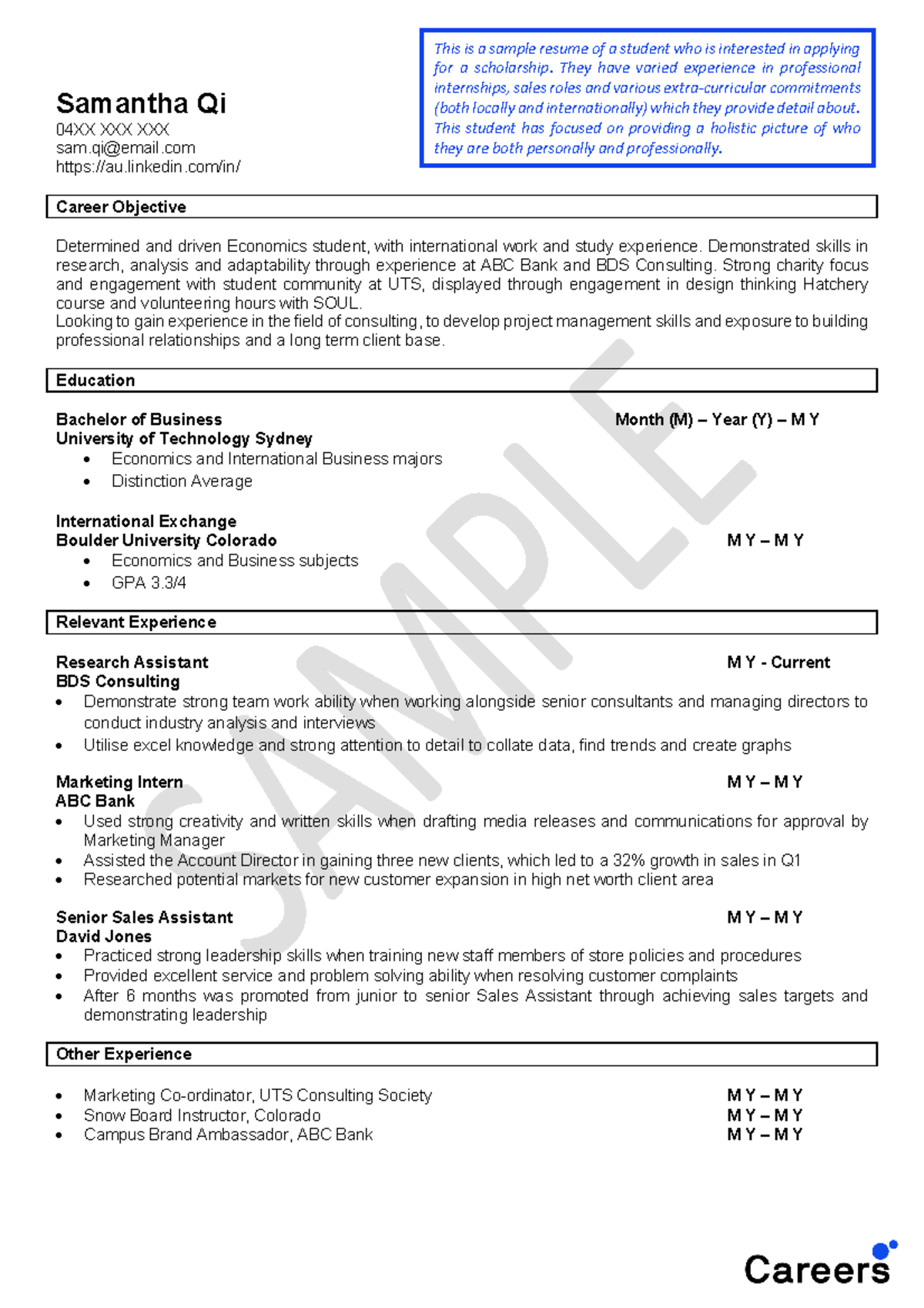 Resume Sample Scholarship Application Samantha Qi 04xx Xxx Xxx Sam Qi Email Com Studocu