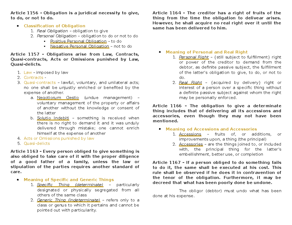 Notes on Obligations and Contracts (Personal) Article 1156