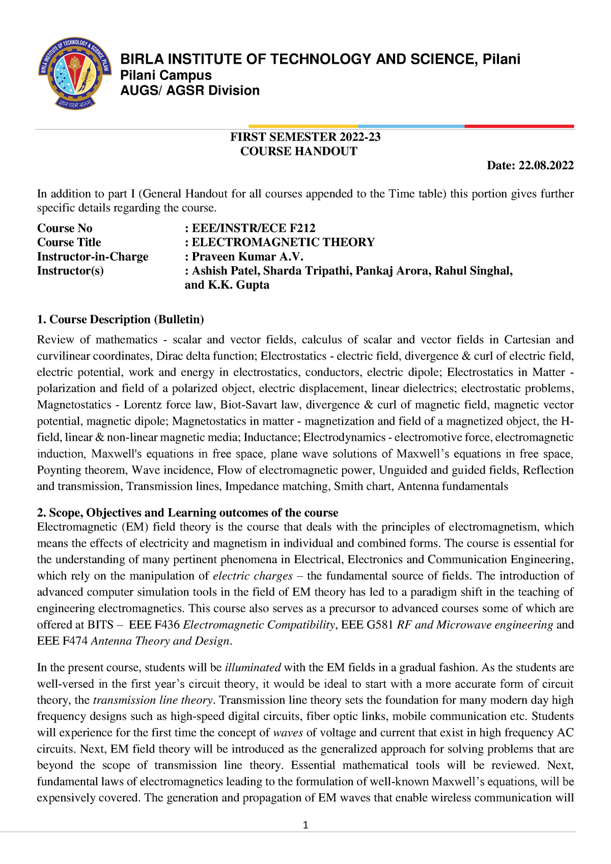 EMT EEE F212 1078 - Handout - Pilani Campus AUGS/ AGSR Division FIRST ...