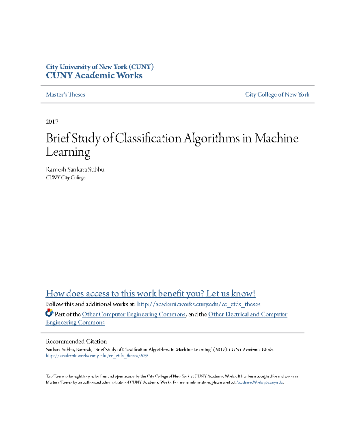 Brief Study of Classification Algorithms in Machine Learning - City ...