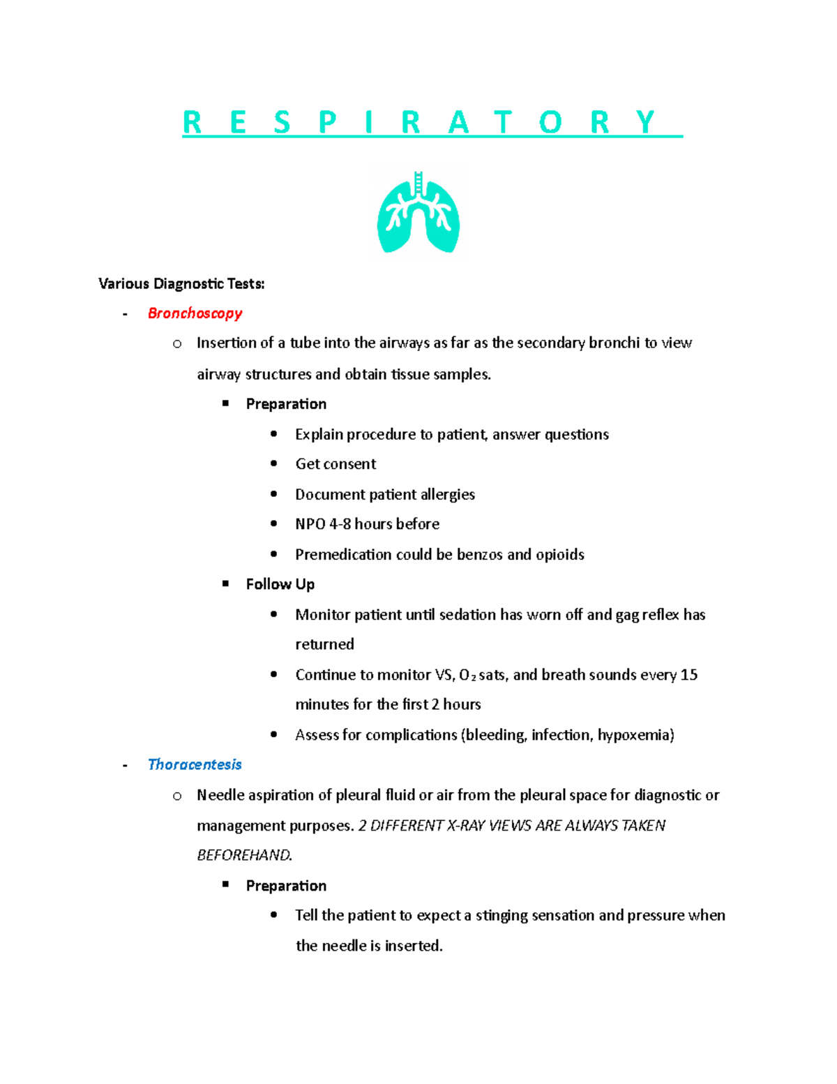 Respiratory - R E S P I R A T O R Y Various Diagnostic Tests ...