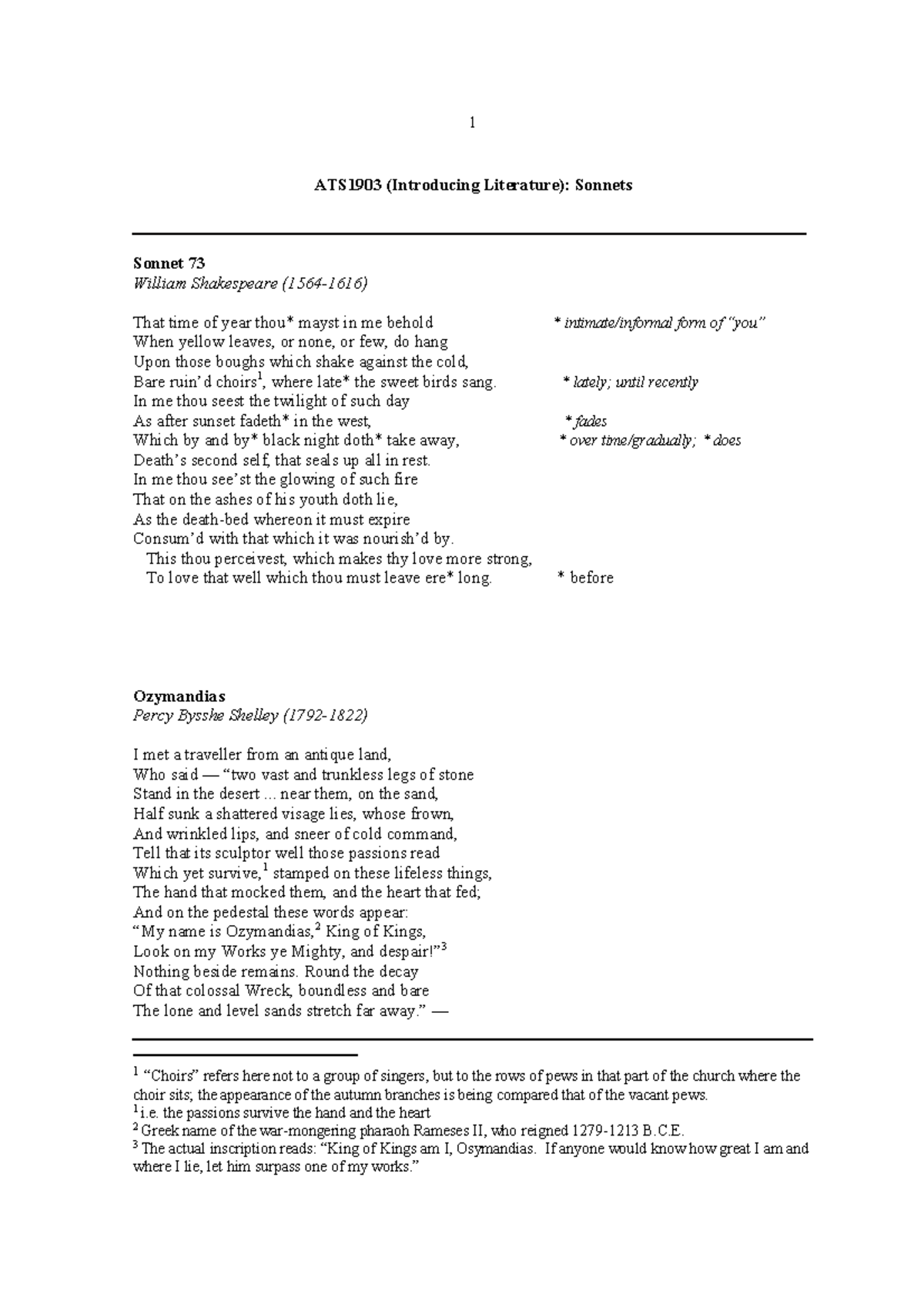 Sonnets - 1 ATS1903 (Introducing Literature): Sonnets Sonnet 73 William ...