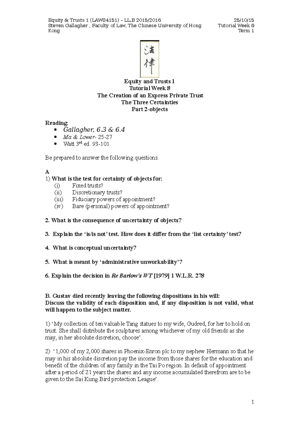 E T 1 Tutorial 8 Equity And Trusts I Laws 4151 Cuhk Studocu