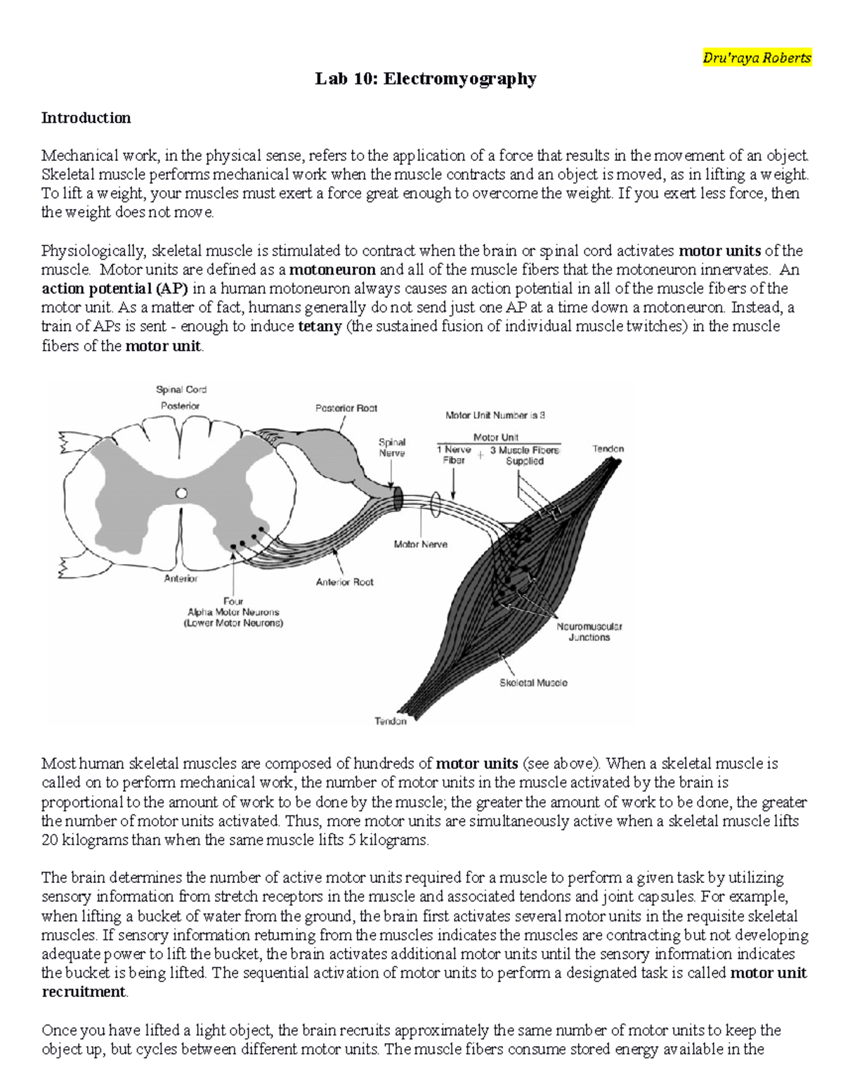 Electromyography Lab Packet Dru'raya Roberts Lab 10 Electromyography