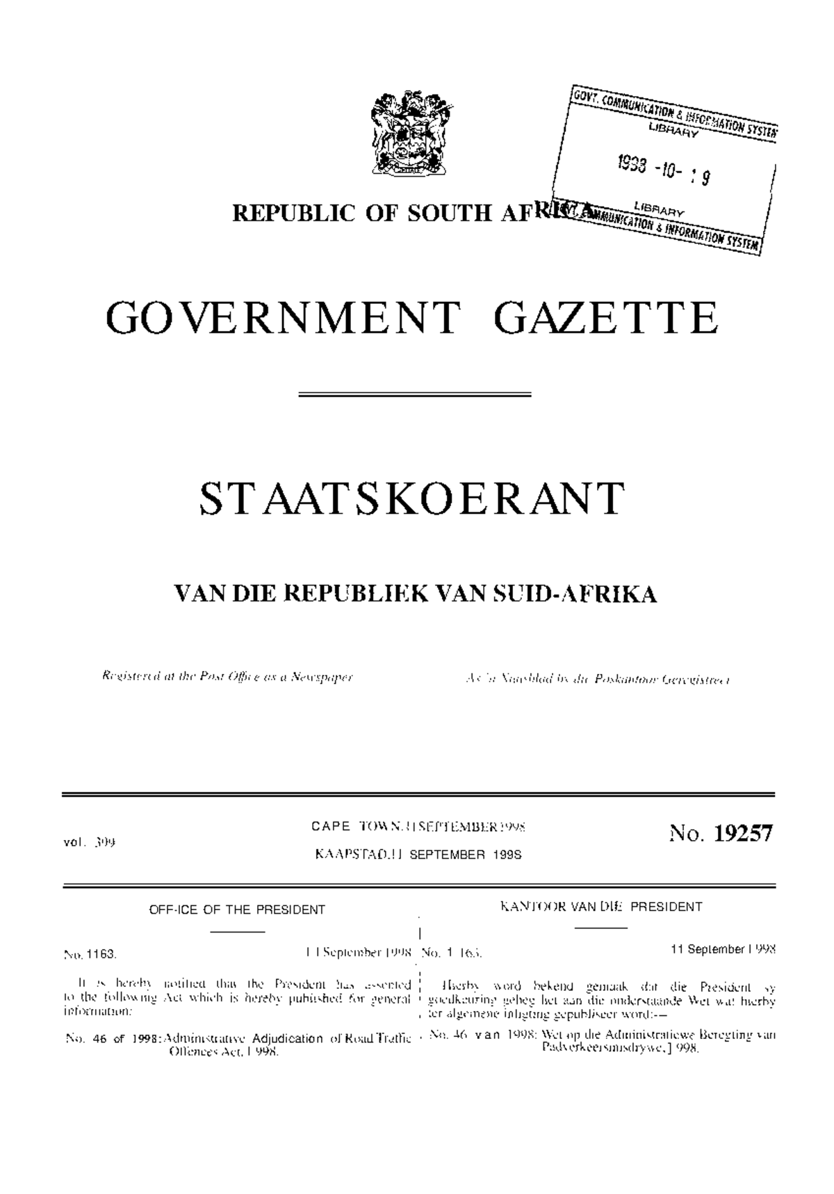 Aarto Act 46 of 1998 - REPUBLIC OF SOUTH AF GOVERNMENT GAZETTE ...