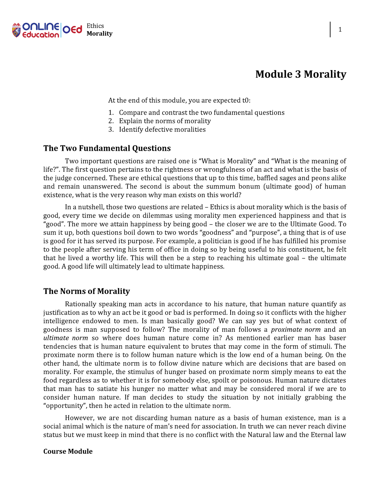 (Week 3) Morality Ethics - Ethics Morality 1 Course Module Module 3 ...