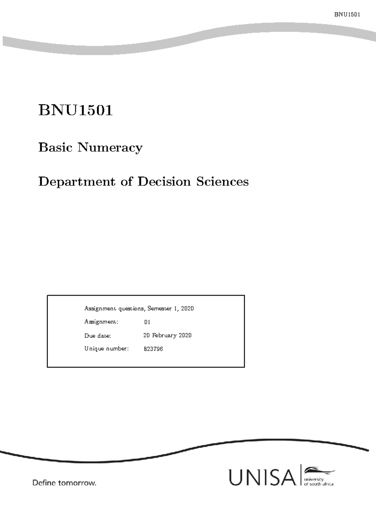 Bnu 2020 exam - wsws - nn BNU BNU Basic Numeracy Department of Decision ...