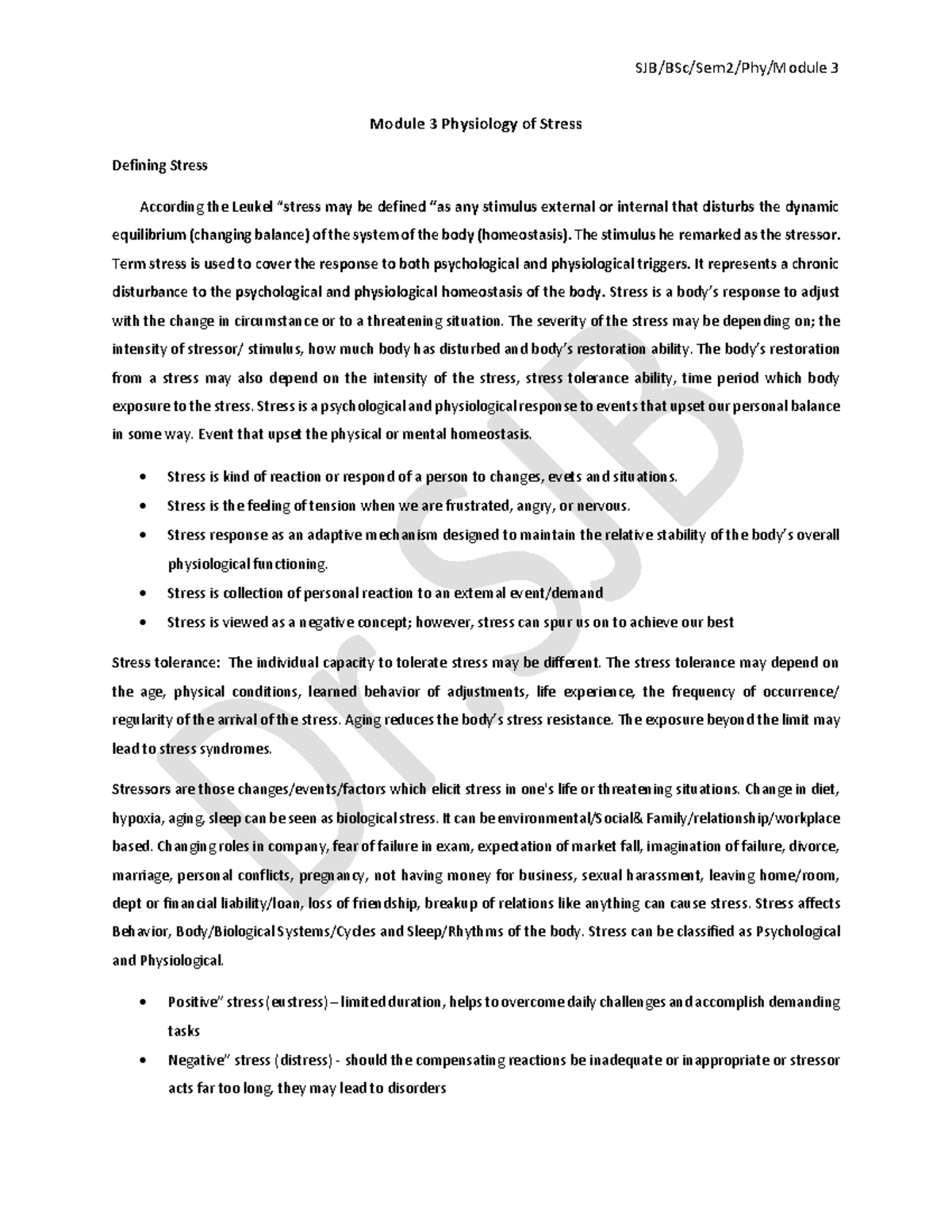 Physiology of Stress - Module 3 Physiology of Stress Defining Stress ...