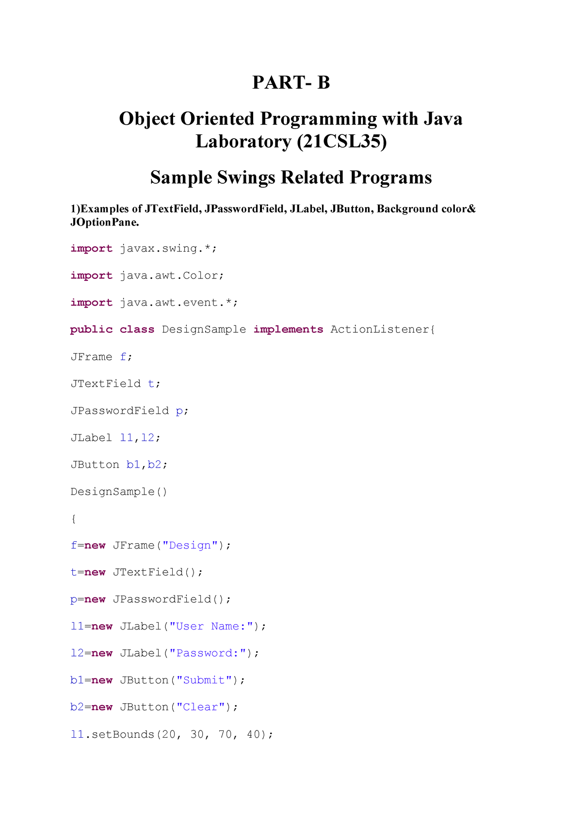 PART-B Object Oriented Programming With Java Laboratory(21CSL35) Sample ...