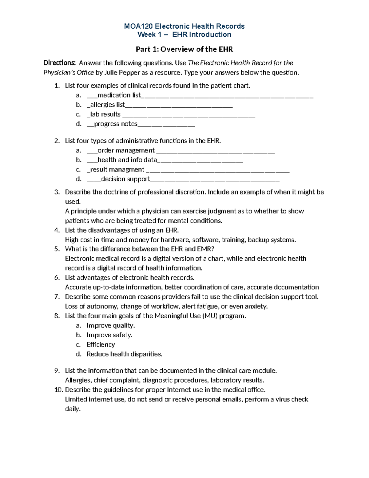 Wk1Assignment - GREAT WORK. - MOA120 Electronic Health Records Week 1 ...