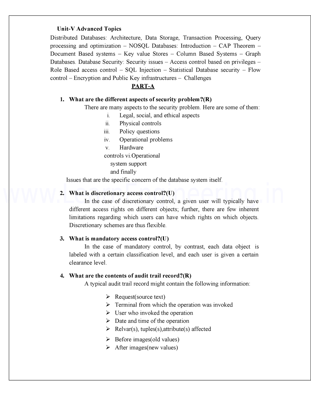 Unit5 Important Questions - Unit-V Advanced Topics Distributed ...