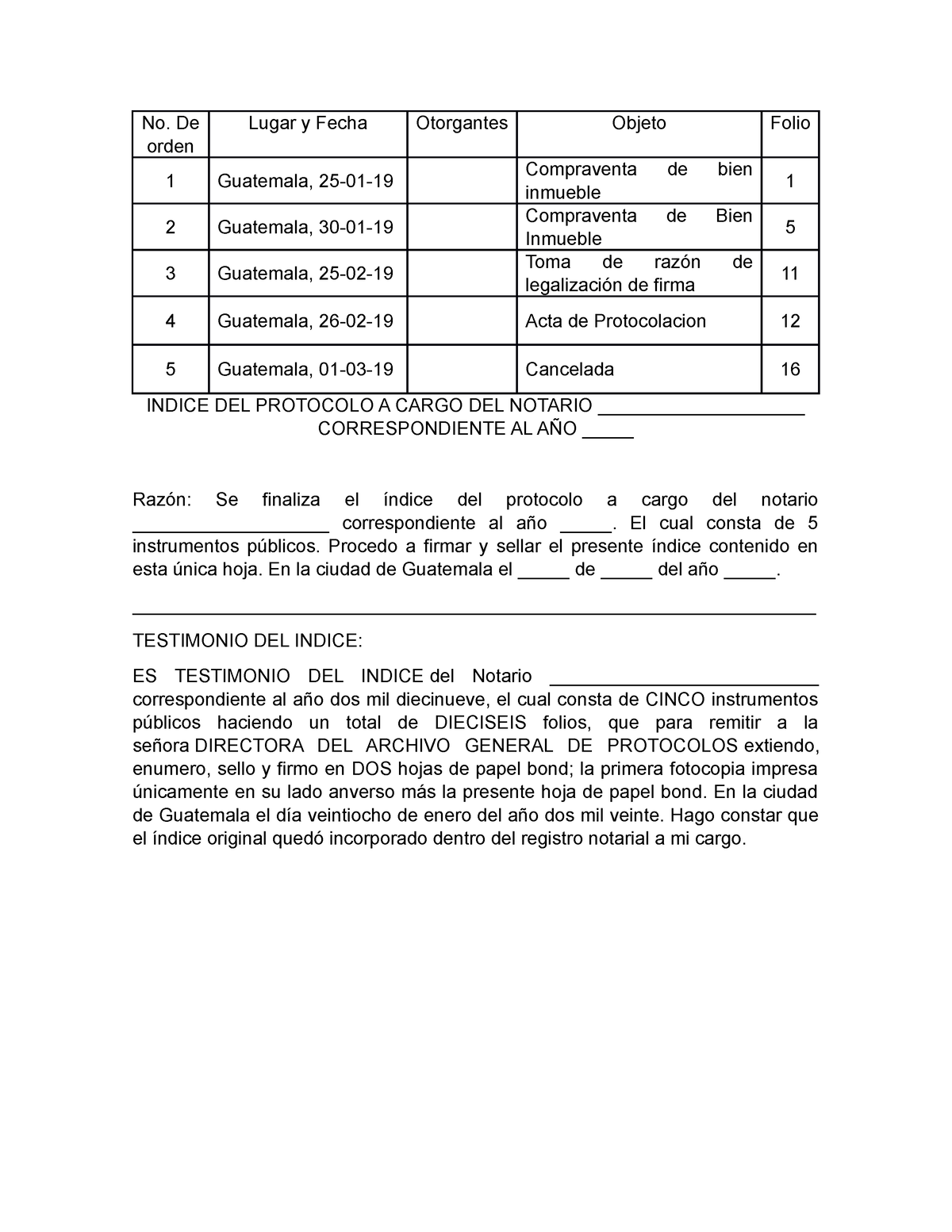 Indice Y Cierre De Protocolo - No. De Orden Lugar Y Fecha Otorgantes ...
