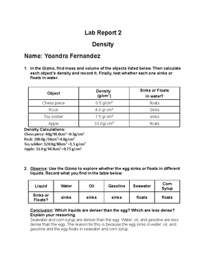 Chem Lab Report 2 - chem lab 2 - Lab Report 2 Density Name ...
