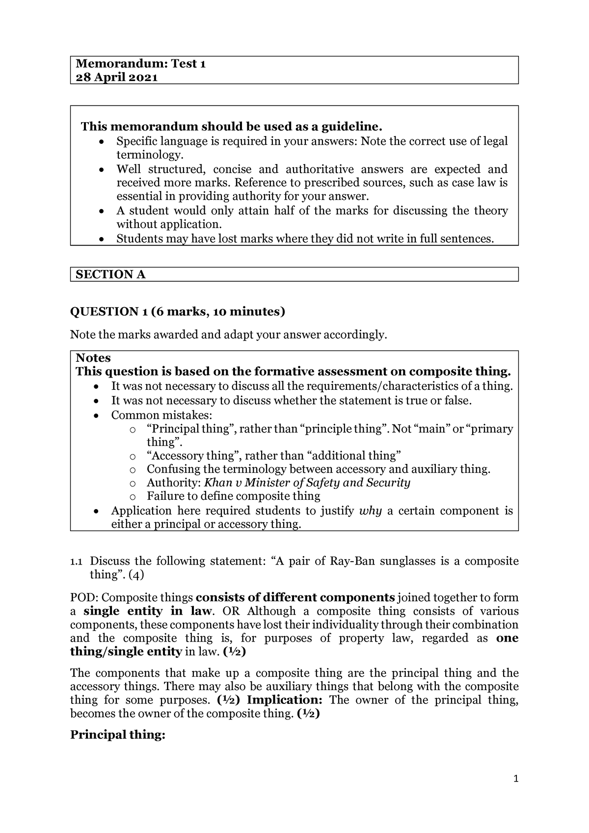 TEST 1 (28 April 2021) Memorandum - Property 272 - Memorandum: Test 1 ...